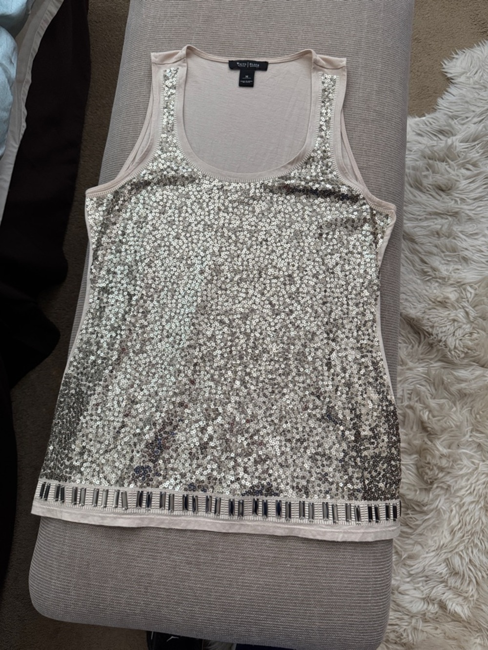 White House Black Market Ivory Sequin Tank with Bead Trim